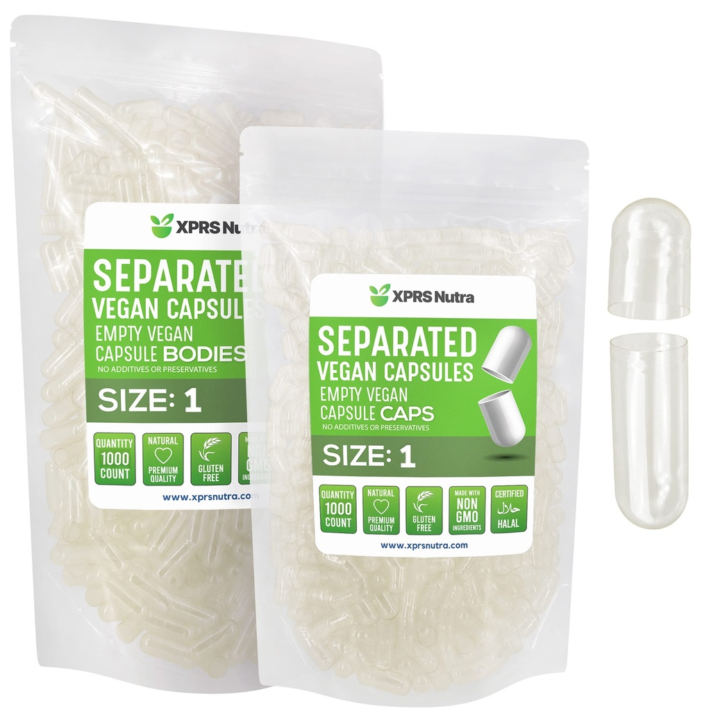 XPRS Nutra Vegan Taille 1 Capsules séparées - 1000 Nombre Clear Premium Capsules vides séparées dans des sacs - Pills 1 pour le remplissage de supplément de bricolage
