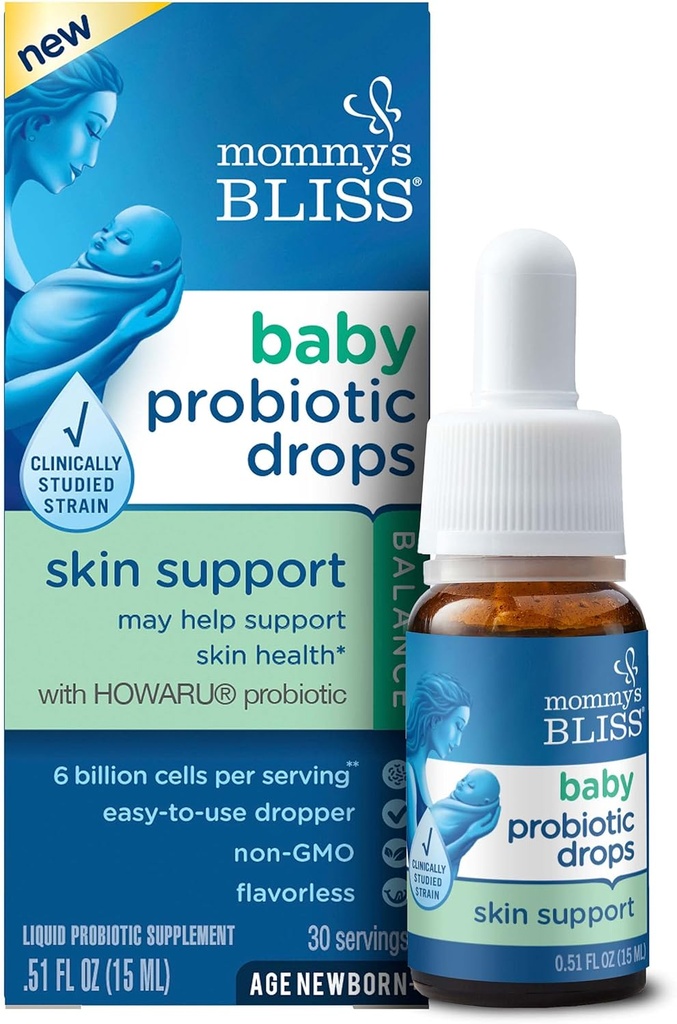 Mama's Gelukzaligheid Baby Probiotische Drops Skin Health Support, 6 miljard Cellen per Serving, Leeftijd: Pasgeboren & Up, 15 ML (30 Servings)