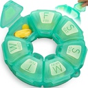 Ronde Wekelijkse Pillen Organisator, TPU Gegummiseerd, Reizen Pillen Container 7 Dag, met 7 Grote Compartementen, Groot voor Dagelijkse Vitaminen & Supplementen, Leuke Pill Case met Grote Letters en Braille (Groen)