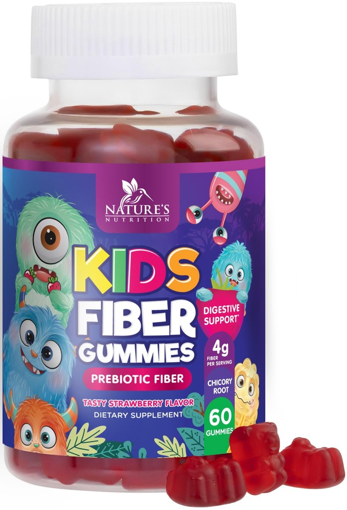 Vezel Gummies voor kinderen, Dagelijks 4g Gummy Fiber Supplement, Prebiotic Dispensive Health Support - Nature's Plant Based Soluble Fiber, Ondersteunt Regularity & Digestie voor kinderen Niet-GMO - 60 Gummies