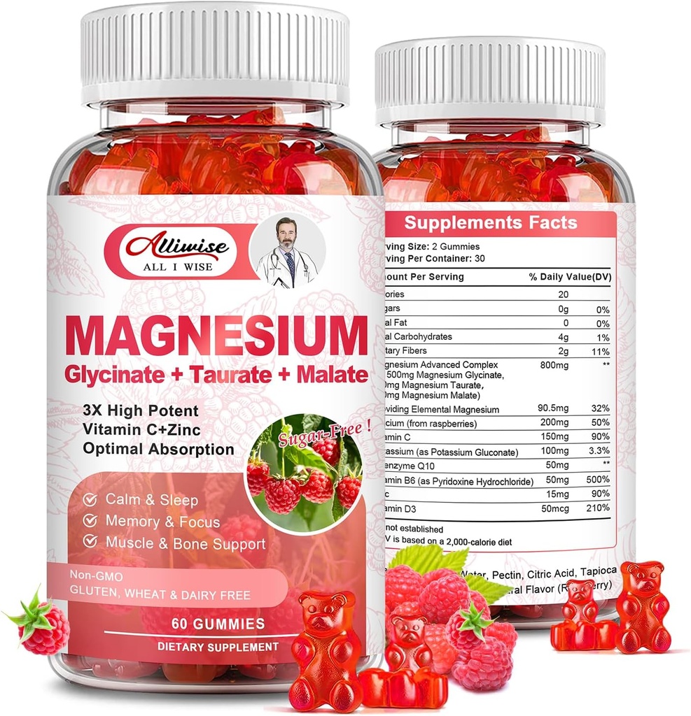 Magnesium Supplement Complex Gummies, Sugar-Free Magnesium Glycinate 500mg voor volwassenen en kinderen, met Taurate 200mg, Malate, Calcium, COQ10, Multivitamine voor Slaap, Hart & Bone Health