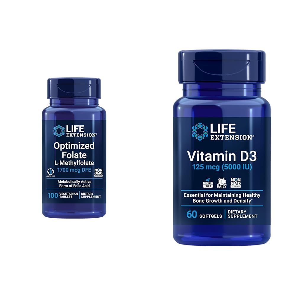 Levensverlenging Geoptimaliseerd Folate Heart & Brain Support Tablets and Vitamin D3 Bone, Brain & Immune Health Softgels - 100 Tablets, 60 Softgels
