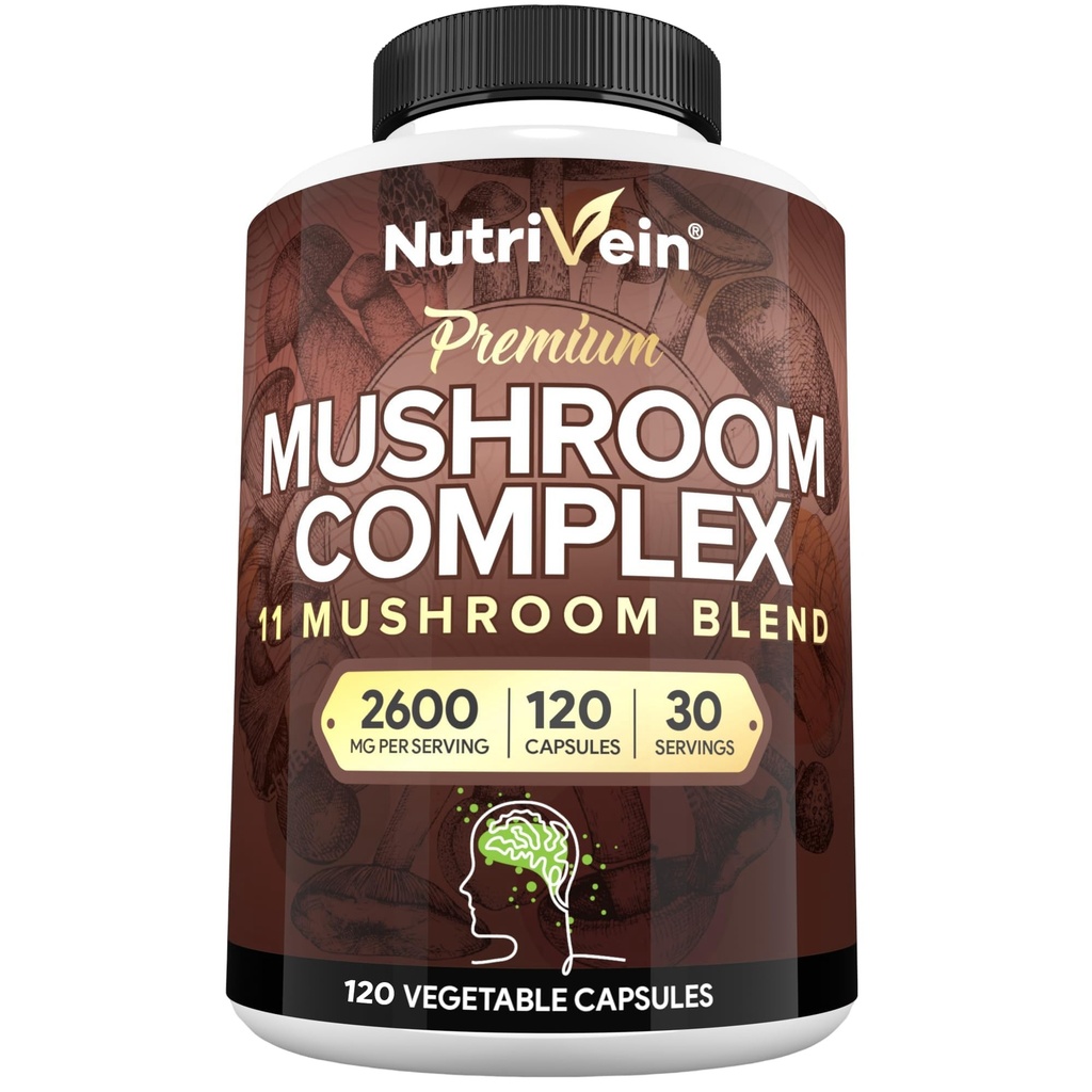 Nutrivein Premium Champignon Supplément 2600 mg- Bouteille 120 Capsules- 11 Complexe de Champignons Nootropes - Lion's Mane, Cordyceps, Chaga, Reishi, Turquie Tail,Maitake,Shiitake, Agaricus, Bouton blanc, Oyster