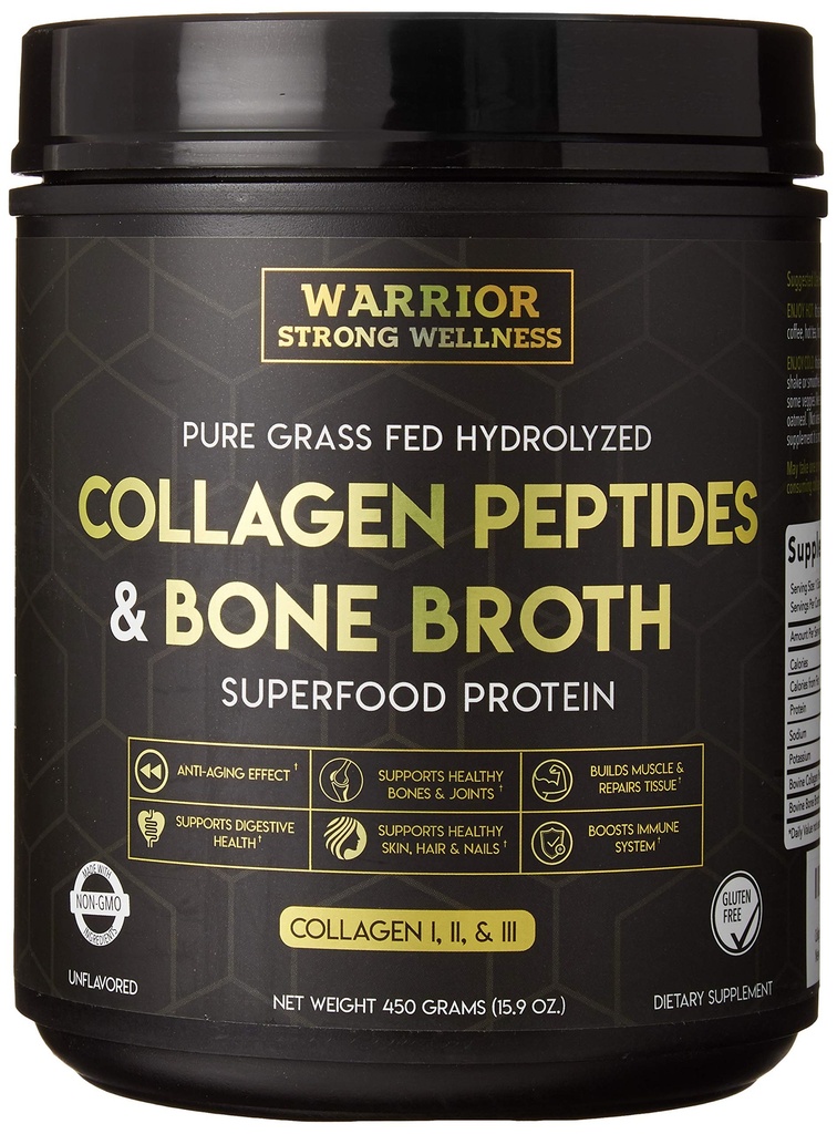 Premium Collageen Peptides Bone Broth Powder: Grass Fed Gehydrolyseerde Collageen Boost voor een gezonde huid, nagels, haren, gewrichten, spieren, botten, spijsvertering, Keto Vriendelijk, Unflavored