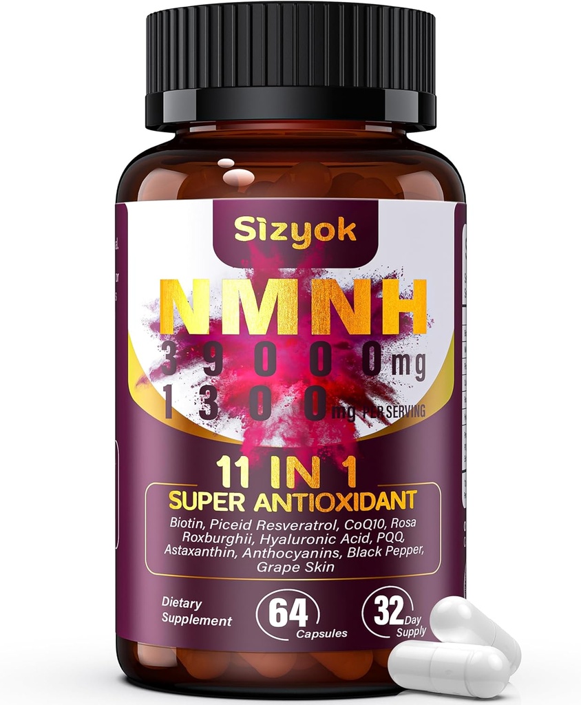 Supplément NMNH (dihydronicotinamide mononucléotide) 600mg,ADN Supplément avec Resvératrol, CoQ10, Biotine et Acide Hyaluronique. Soutien Énergie cellulaire, métabolisme et bien-être de la peau, 64 Capsules