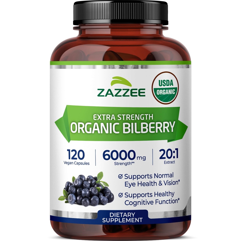 Zazzee USDA Biologische bosbessen 20:1 Extract, 6000 mg Sterkte, 120 Vegan Capsules, 4 maanden Supply, genormaliseerd en geconcentreerd 20X Extract, 100% vegetarisch, all-natural, niet-GMO, Made in The USA