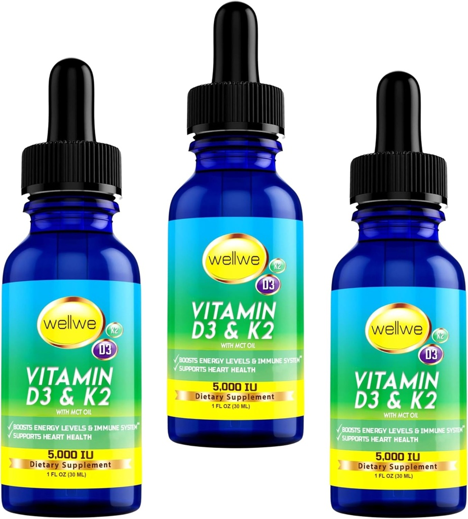 Vloeibare vitamine D3 K2 druppels met MCT-olie 5000 IE - Veganistisch, Geen smaak, Geen geur, Sojavrij, Glutenvrij, Non-GMO, 1000 IE per druppel, Boosts Energy & Immune System (3 verpakkingen)