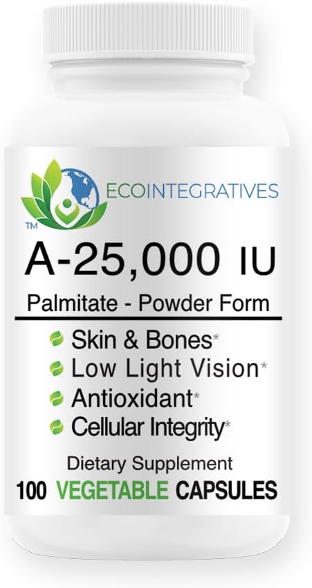 A-25 000 iu Palmitate Vegan, forme de poudre (100 capsules) Non-OGM, soutient la vision faible lumière, le support immunitaire, l'intégrité cellulaire de la peau et des os, antioxydant
