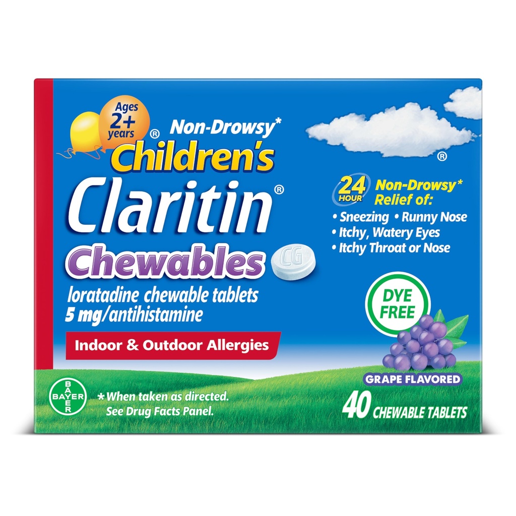 Claritin Children's Allergy Medicine, 24 heures sur 24 Loratadine non somnolente 5mg Comprimé à croquer, Antihistamine pour les enfants de 2 ans et plus, Aromatisé au raisin, 40 comprimés