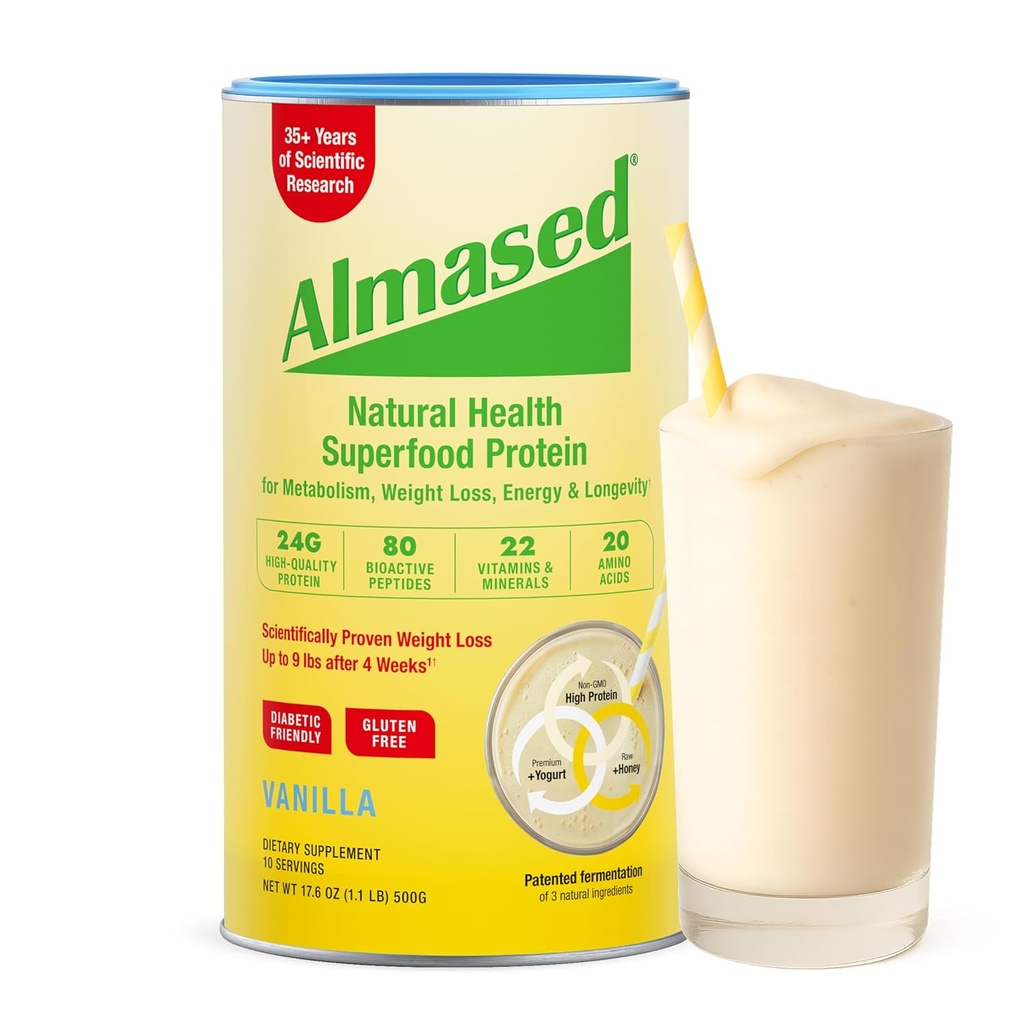 Almased Vanille Maaltijd Vervangingsshake - Low-Glycemic High Plant Base Protein Poeder- Nutritional Weight Health Support Supplement - Vanille Smaak - 17,6 oz (1.1 Pond (1 Pack))