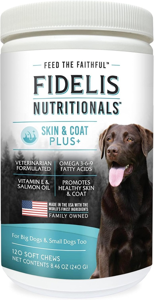 FIDELIS Skin & Coat Plus+ Hondenhuid & Coat Supplement, Omega 3, Vitamine E, Zalmolie voor honden, vetzuren, gezonde huid, glanzende jas, volwassen, groot en klein, Made in USA, plantaardige smaak, 120 zachte kauwen