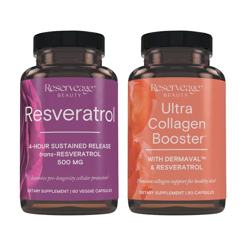 Réserve Resveratrol & Ultra Collagen Booster - Capsules Resveratrol & Collagen pour le soutien cellulaire et cutané - Caractéristiques Dermaval - 60 Capsules, 90 Capsules Ultra Collagen Booster
