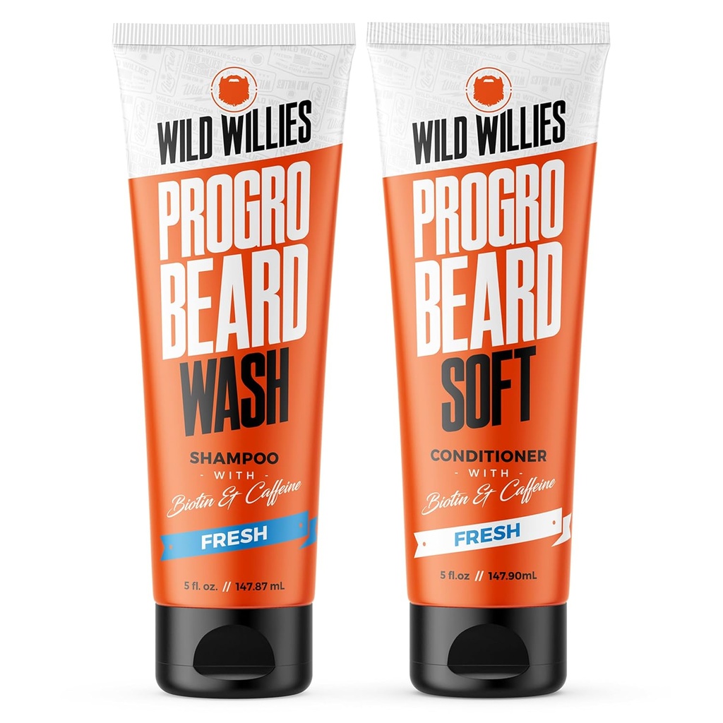Wilde Willies PROGRO Baard Shampoo en Conditioner Kit - versterkt w/Cafeine & Biotin - versterking, Flake-Free, vochtinbrengende baard Wash en Conditioner voor mannen, 2 x 5oz Tubes