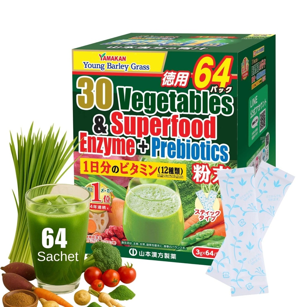 Yamamoto Kanpoh YAMAKAN Greens Superfood Powder with prebiotic Fiber & Enzymes for Digestie, 30 Veggies & Young Barley Grass Juice Blend from Japan, Gut Health for Women & Men, 64 Packets