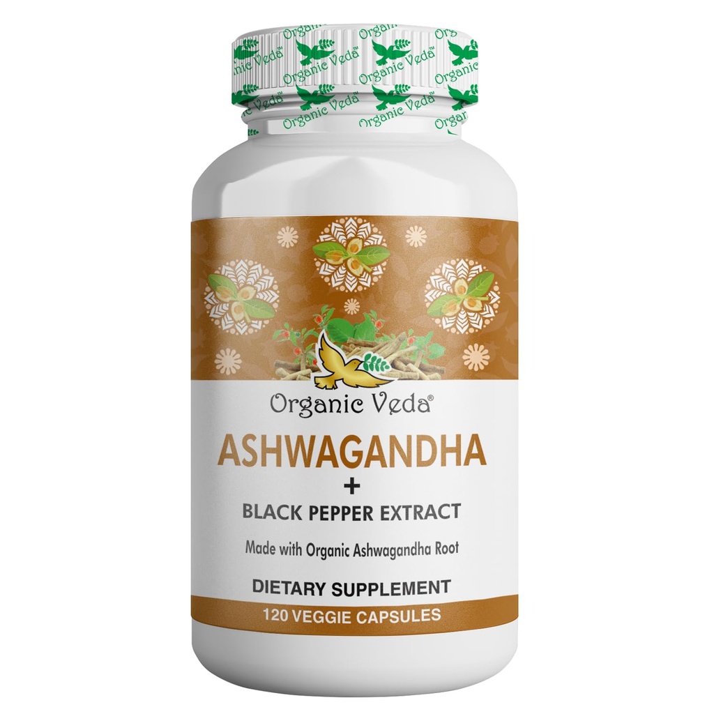 Suppléments bio Veda Ashwagandha, 1500mg - Capsules Ashwagandha avec extrait de poivre noir - Fabriqué à partir de racine 100% bio Ashwagandha - Supplément de soutien d'humeur & énergie, 120 Veggie