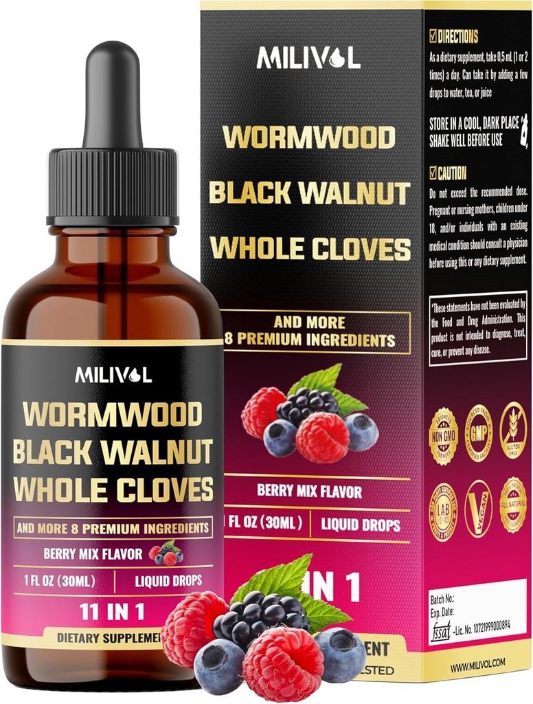 11in1 Black Walnut Wormwood Tinctuur Extract met Whole Kloof, Berberine en 8 Meer - 2 Maanden Levering - 1 Fl Oz - Berry Mix smaak