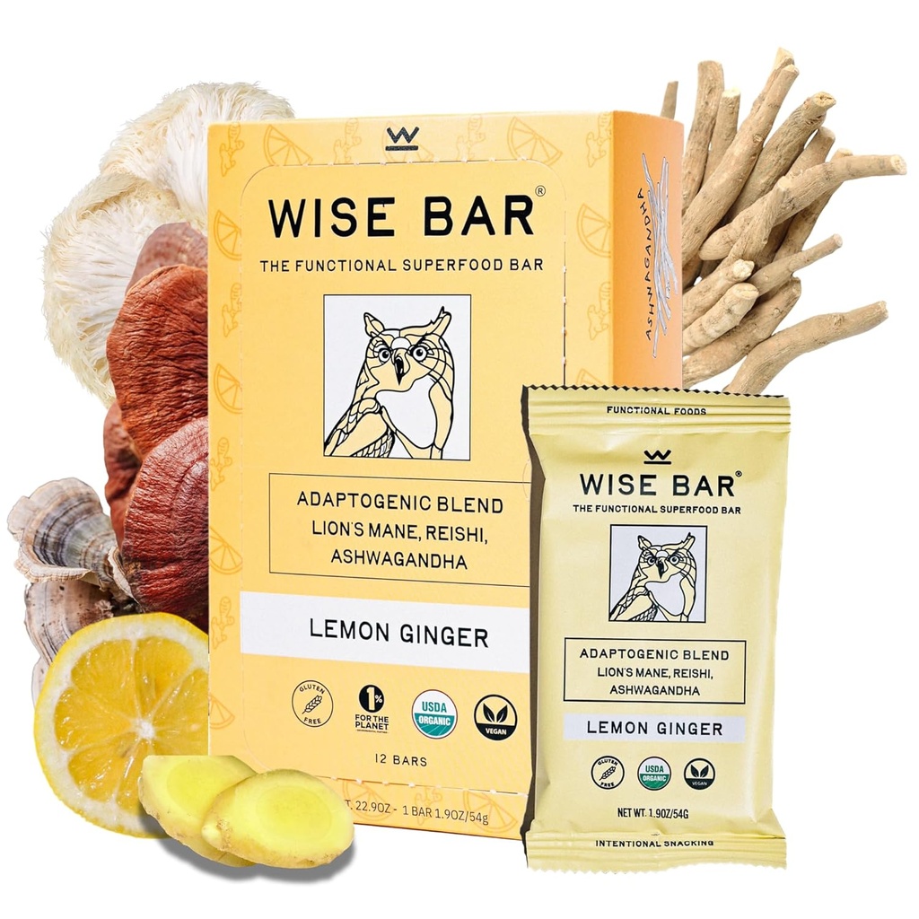 Wise Bar Adaptogen Mushroom Voeding Bars met Reishi, Lions Mane & Ashwagandha, Biologische Vegan en Gluten Gratis Snacks voor natuurlijke focus, Energie en Immuniteit Ondersteuning, Citroen Gember smaak, 12 Tellen