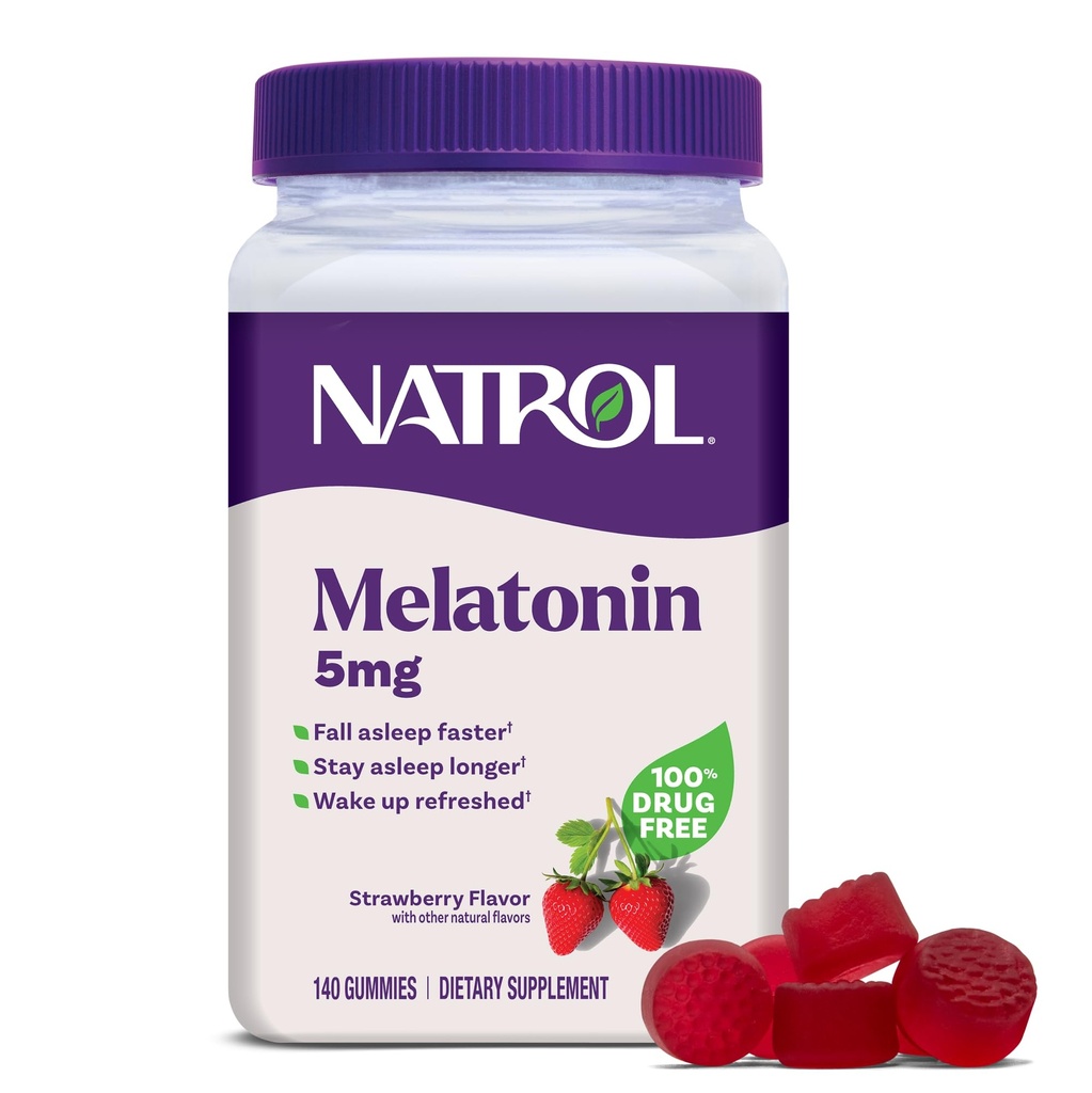 Natrol 5mg Melatonine Gummies, Slaap Ondersteuning voor Volwassenen, Melatonine Supplementen voor Slapen, 140 Aardbei-gearomatiseerde Gummies, 70 dagen levering