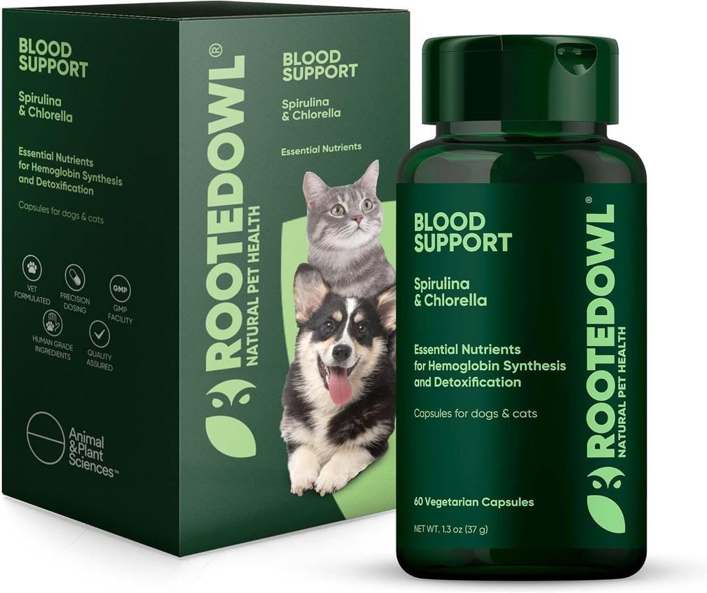 Gewortelde uil bloedondersteuning - Immuniteit, herstel en ijzersupplement voor honden en katten - Anemie Ondersteuning met Spirulina en Chlorella - 60/ct Vegan Capsules