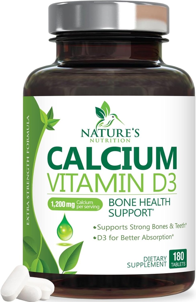 Calciumsupplement 1200 mg - met vitamine D3 voor beste absorptie - Ondersteunt Immune Health, Bones & Teeth - Nature's Calcium Carbonate + 1600 IE D3 - Gebotteld in de VS voor vrouwen & mannen - 180 tabletten