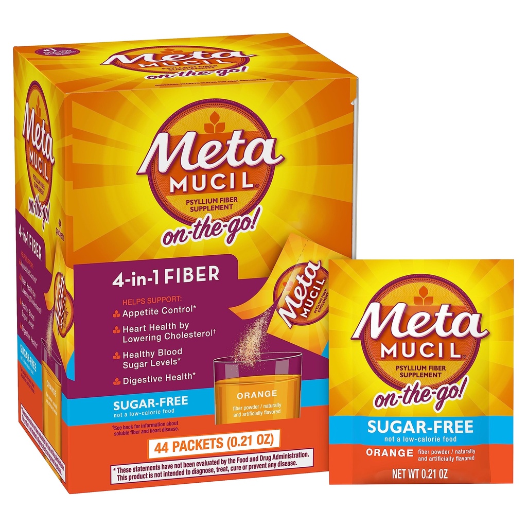 Métamucil Packets on-the-Go, sans sucre, 44 Packets, 4-en-1 Psyllium Housse Supplément fibre, Orange Aromatisé, Servants Individuels Idéal pour Voyage, Supplément fibre pour la santé digestive et la régularité