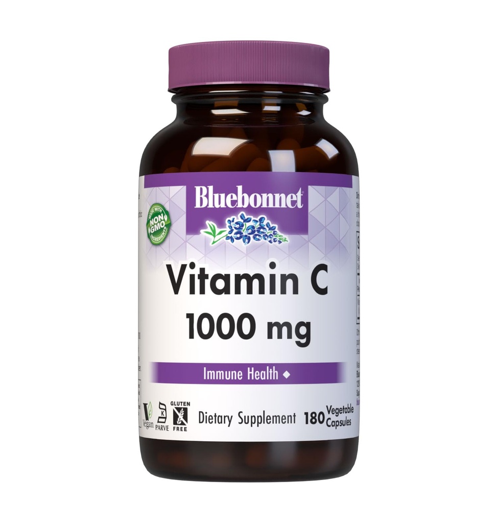Bluebonnet Voeding Vitamine C 1000 Mg Plantaardige Capsules, Ascorbinezuur, voor Immune Skin Health, Vegan, Vegetarisch, Niet GGO, Gluten, Soja & Melkvrij, Kosher, 180 Tel.