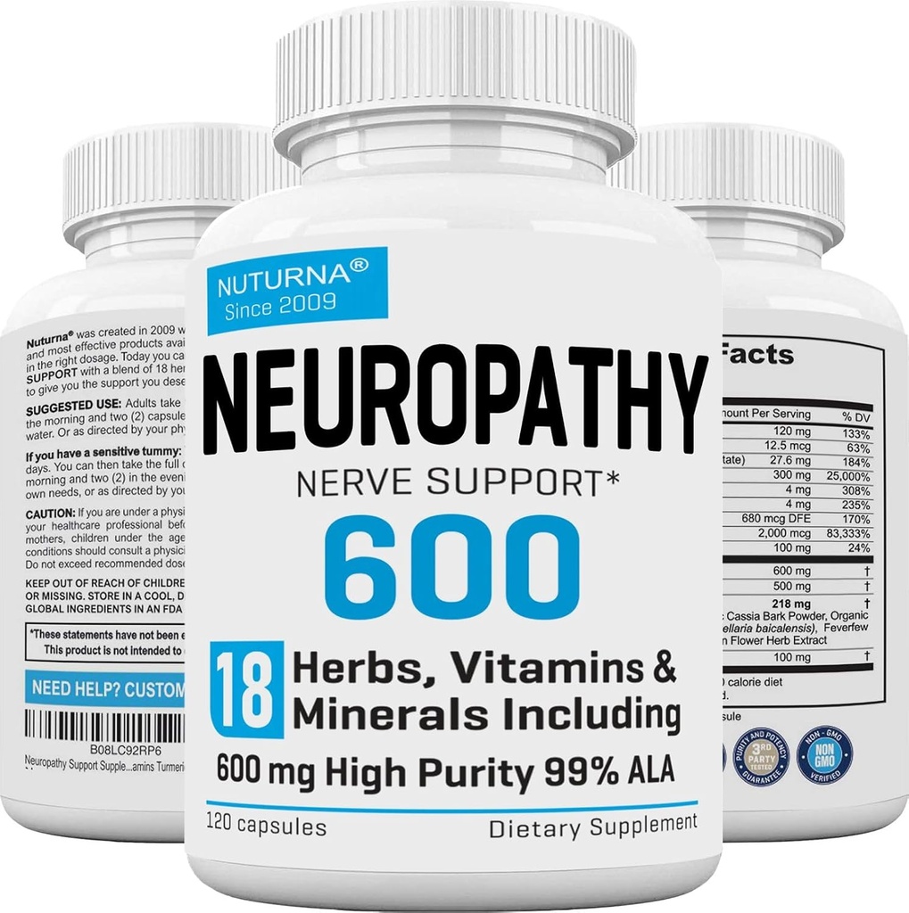 Neuropathie Ondersteuning Supplement met 600 mg HP-99 Alpha Lipoïnezuur - ALA Zenuwformule voor Voetenhanden Vingers Benen - 18 in 1 Natuurlijke Perifere Zenuw Vitaminen - 120 Capsules