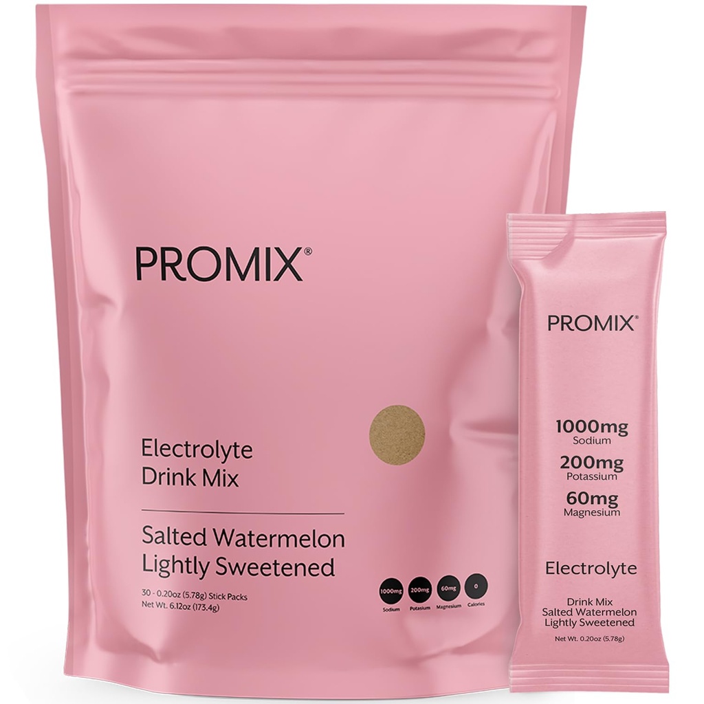 ProMix Nutrition Electrolytes Powder Hydration Packets - Himalaya Pink Salt, Magnesium, Kalium, Vitamine C - Gezouten watermeloen, licht gezoet - 30 porties (pakket van 30)