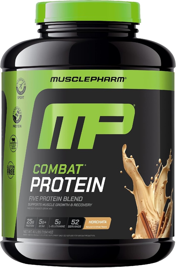 Muscle Pharm Combat Protein Powder, Horchata Flavor, Fuels Muscles for Productive Workouts, 5 Protein Sources Included Whey Protein Isolate & Egg Albumin, Gluten Free, 4 lb, 52 Servers