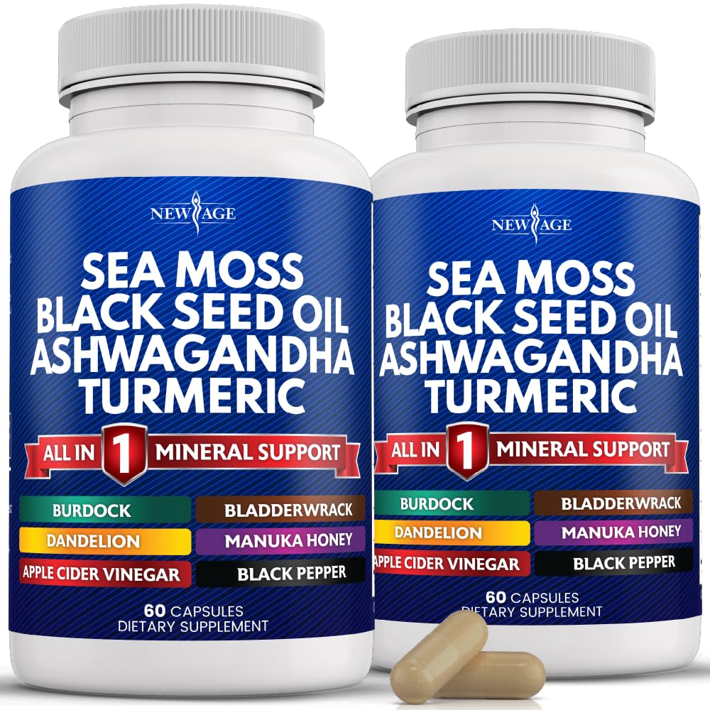 NIEUWE AGE Sea Moss Capsules Black Seed Oil Ashwagandha Kurkuma Bladderwrak Burdock - met Manuka, Honey Dandelion, ACV Black Pepper Glutenvrij