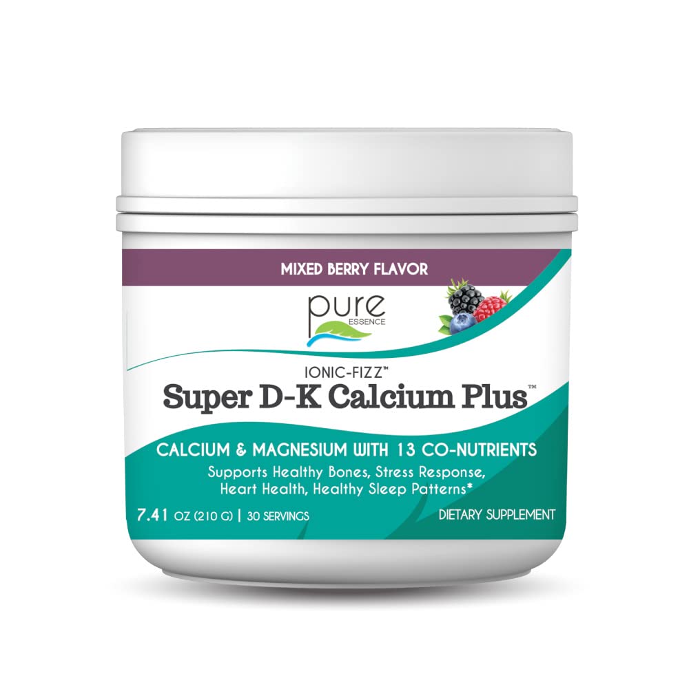 Ionic Fizz Super D-K Calcium Plus door Pure Essence - met extra magnesium, vitamine D3, vitamine K2 voor sterke botten en stress ondersteuning - gemengde bes - 7.41oz