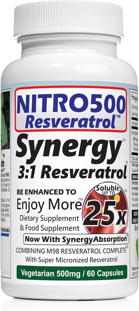 Nitro Synergy Resveratrol (Nitro500) met maximaal 25x Oplosbaarheid - 60 Vegetarische Capsules - 30 porties - 500 mg per portie