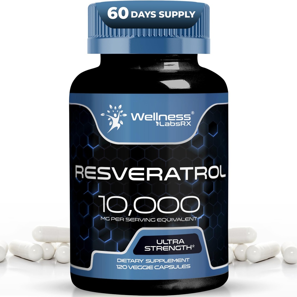 WELNESS LABSRX Resveratrol 120 Capsules, Resveratrol Supplement, Resveratrol 1000mg Polygonum Root, Trans Resveratrol voor gezonde veroudering, Hart, Brain Health Support - Vegan, Keto