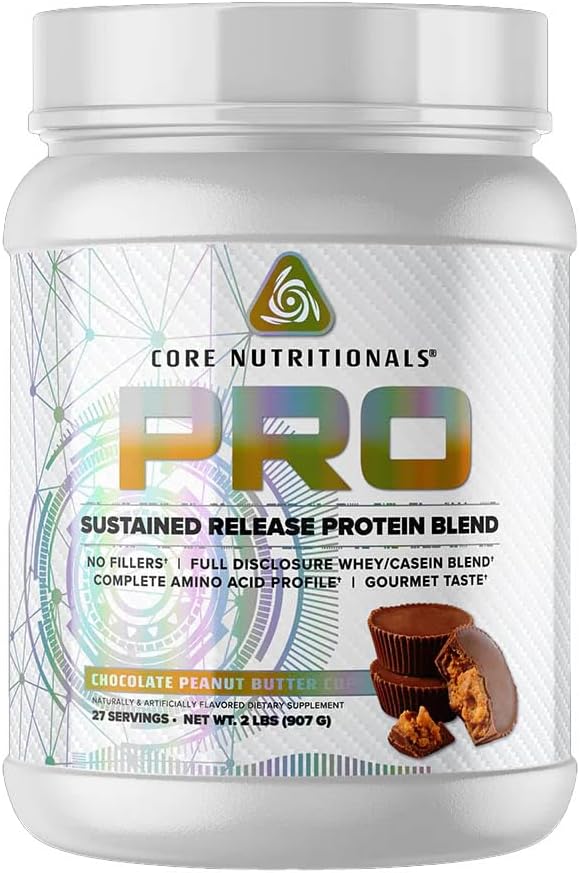 Noyau nutritionnel Pro libération prolongée Mélange de protéines de lactosérum avec enzymes digestives $ 25g Protéine, 2g Carbs $ Pas de remplissage $ 2 Pound (coupe de beurre d'arachide chocolatée)