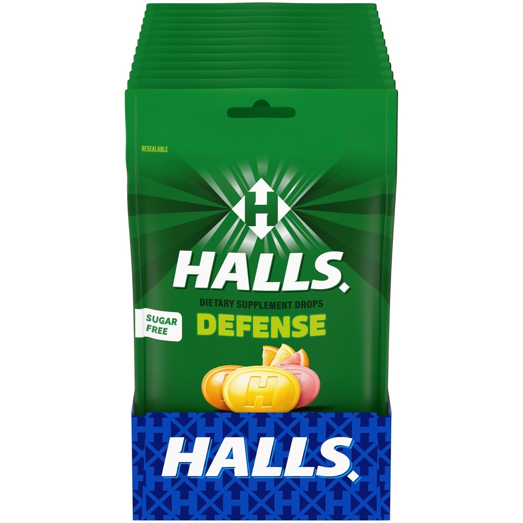 HALLS Defense Assortiment agrumes sans sucre gouttes de vitamine C, suppléments alimentaires gouttes, 12 sacs de 25 gouttes (300 gouttes totales)