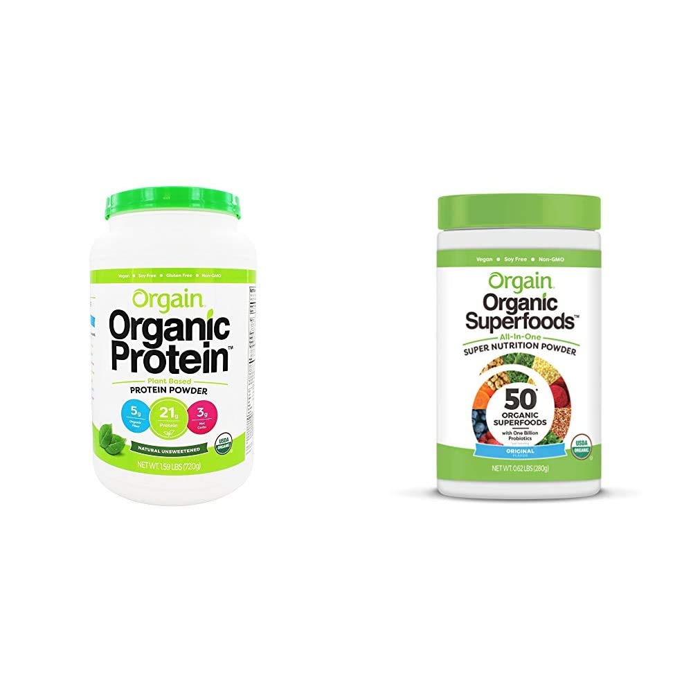 Orgain Organic Plant Based Protein Powder + Superfoods Greens Powder Bundle (1.59lb + 0,62lb)