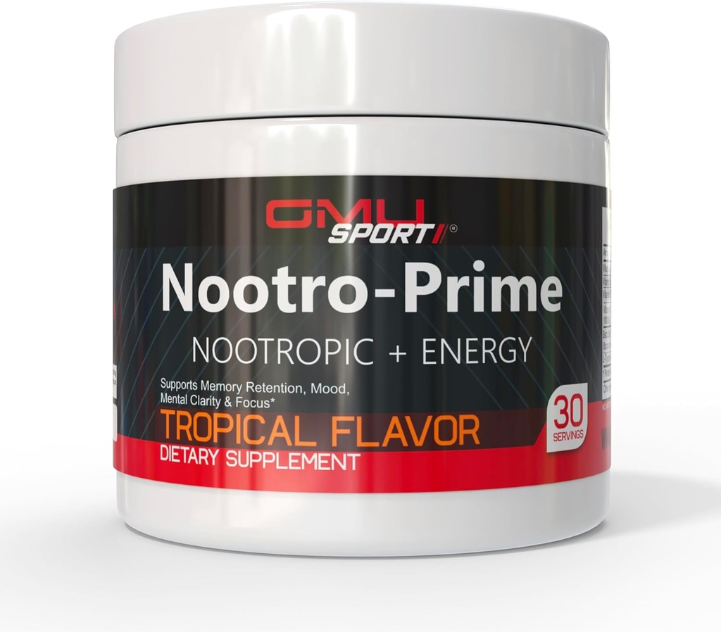 Nootro-Prime Brain Boost - Focus Brain Supplement - Mushroom Supplement Powder met Alpha GPC, Nootrope Brain Supplementen voor Geheugen en Focus met Lions Mane, 30 porties, Tropische smaak