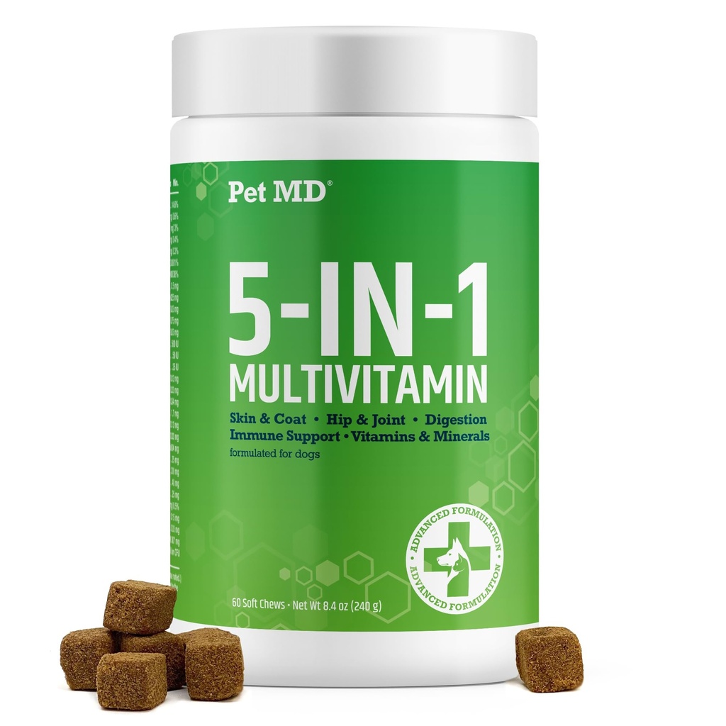 Pet MD 5in1 Honden Multivitamine - 30 Essentiële Vitaminen, Mineralen en Nutriënten voor de huid & Coat, Hip & Joint, Digestie, Senior Hond & Puppy Vitaminen - Glucosamine, Omega 3 6 9, & Probiotica - 60ct