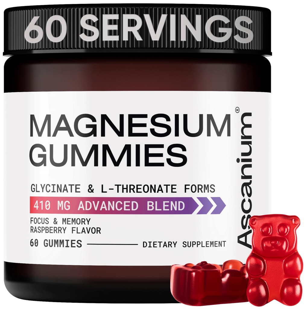 Magnesium Gummies - 410mg Elemental Magnesium Glycinate & L-Threonate Supplement Complex - Vegan Magnesium Glycinate Gummies for Calm Mood, Muscle & Heart Support - Kauwbare Magnesium Gummy 60 stuks