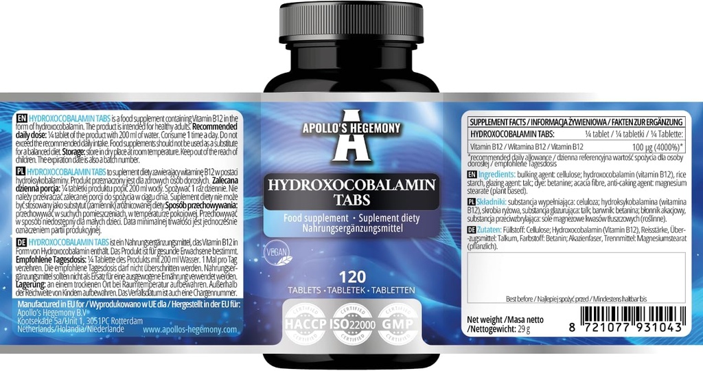 Hydroxocobalamine 100 μg per portie - Vitamine B12-120 Vegan tabletten - 480 porties - Ondersteunt zenuwstelsel en vermindert vermoeidheid - Dieetsupplement door Apollo's Hegemony