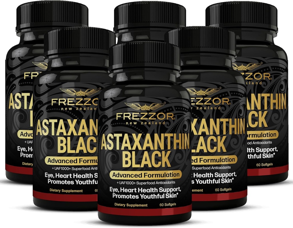 FREZZOR Astaxanthine Zwart met UAF1000+ Super Antioxidant, Ondersteunt Hart, Oog en Hersen Gezondheid, Anti-Aging Huidverzorging & Cellular Protection, 12mg Astaxanthine per Serve, 360 Softgels, 6 maanden Levering