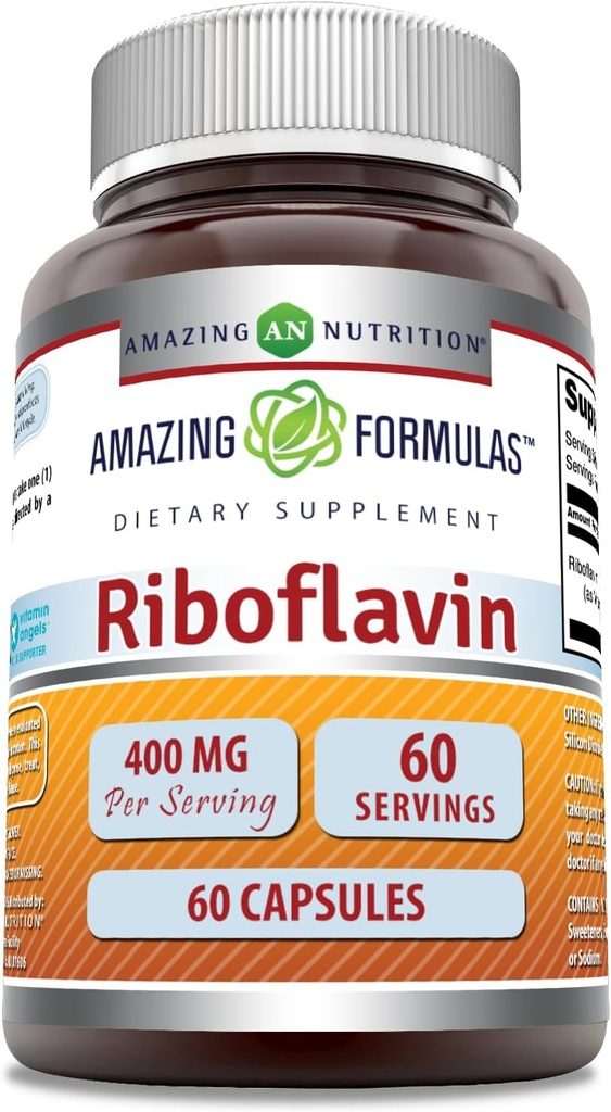 Formules étonnantes Riboflavin (Vitamine B2) Supplément de 400 Mg par portion 60 Capsules , sans OGM , sans gluten , Fabriqué aux États-Unis