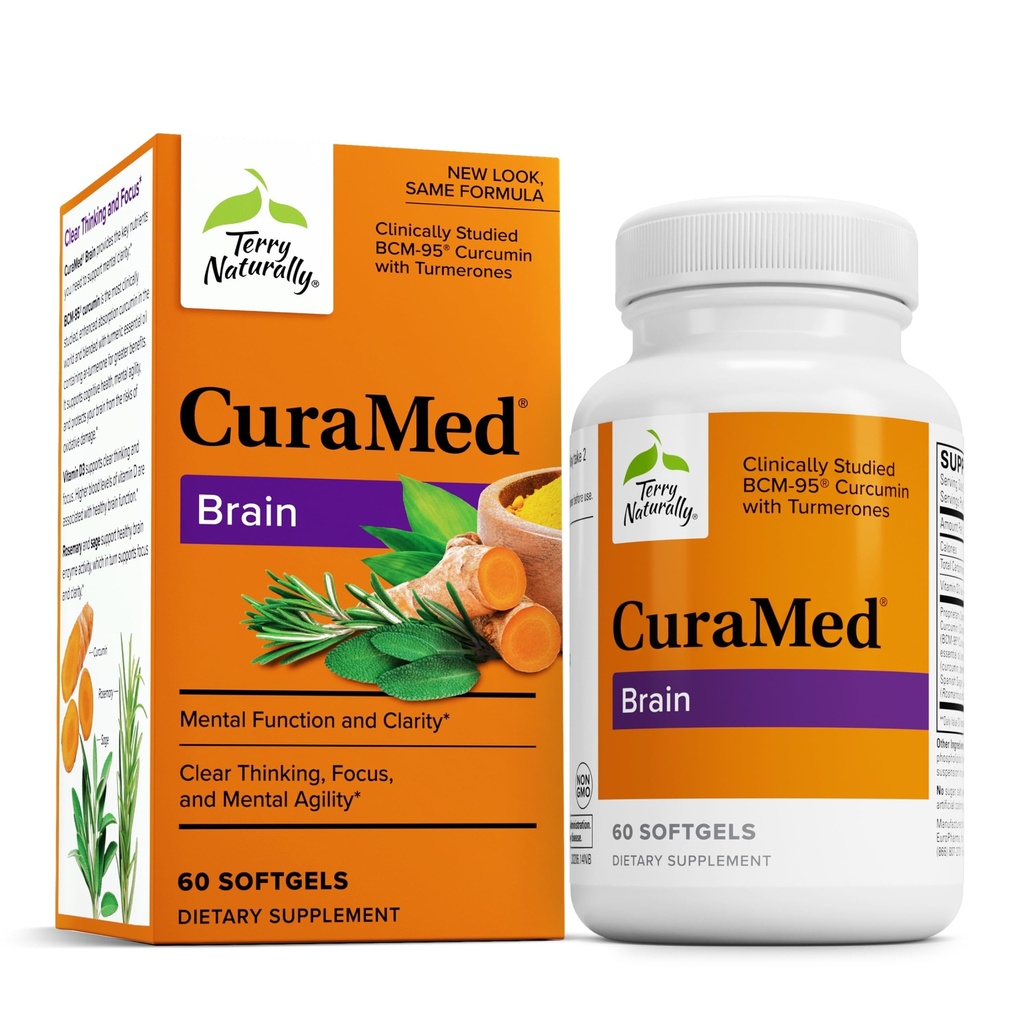 Terry Naturally CuraMed Brain - Dieetsupplement ter ondersteuning van helderheid en focus - Brain Health Supplement met Curcumin & Turmeric Essential Oil to Aid Concentratie - 60 Softgels