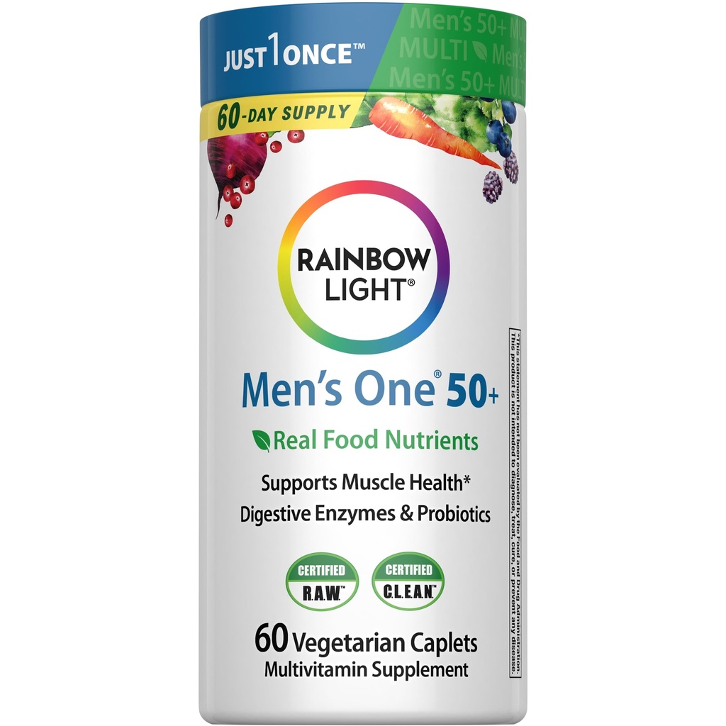 Multivitamine de lumière arc-en-ciel pour les hommes 50+, Vitamine C, D & Zinc, Probiotiques, Un 50+ multivitamine pour les hommes fournit un soutien immunitaire de haute puissance, non-OGM, végétarien, 60 comprimés
