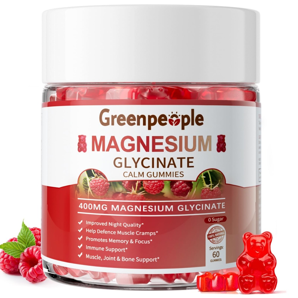 GREENPEOPLE Glycinate de magnésium 400mg - Supplément de potassium de magnésium sans sucre avec le malate de magnésium, vitamine D, B6 et CoQ10 pour le soutien et le sommeil calme pour les adultes - Gummées de framboises