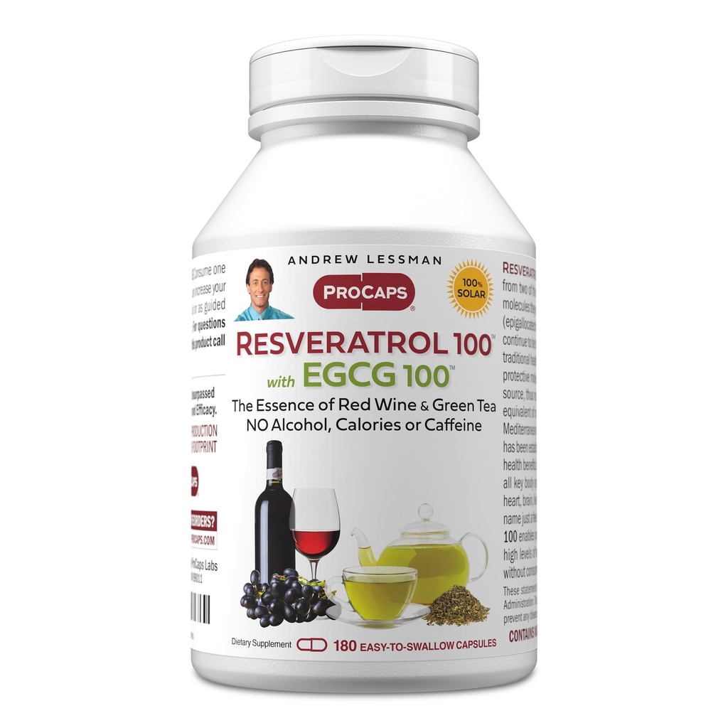 ANDREW LESSMAN Resveratrol-100 EGCG 100mg - 180 Capsules - Twee natuurlijk voorkomende antioxidanten, zonder alcohol of cafeïne.