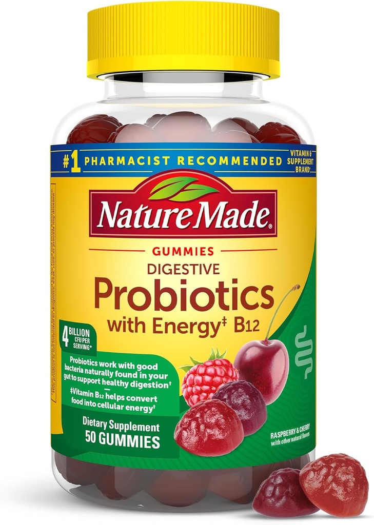 Natuur gemaakt Digestieve Probiotica en Energie B12 Gummies, Probiotica voor vrouwen en mannen, 50 Probiotische Gummies, 25 dagen levering