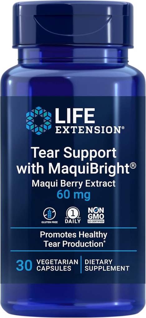 Life Extension Tear Support met MaquiBright®, 60 mg, Maqui Berry Extract voor droge ogen, Ondersteunt de gezondheid van het oog, stimuleert traanproductie, Glutenvrij, Non-GMO, 1 Dagelijks, Vegetarisch, 30 Capsules