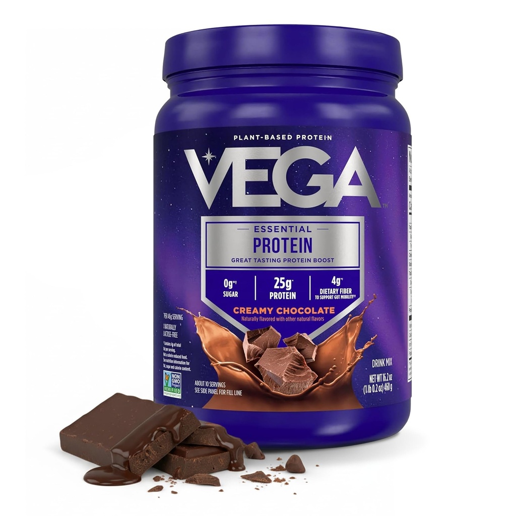 Vega Original Essential Protein - 25g Plant Based Protein, Romige Chocolade, 10 Servings, Vegan Non-GMO Drink Mix, Smoothie & Shake Ready, Glutenvrij, Zuivelvrij, 16.2oz (Verpakking mei Vary)
