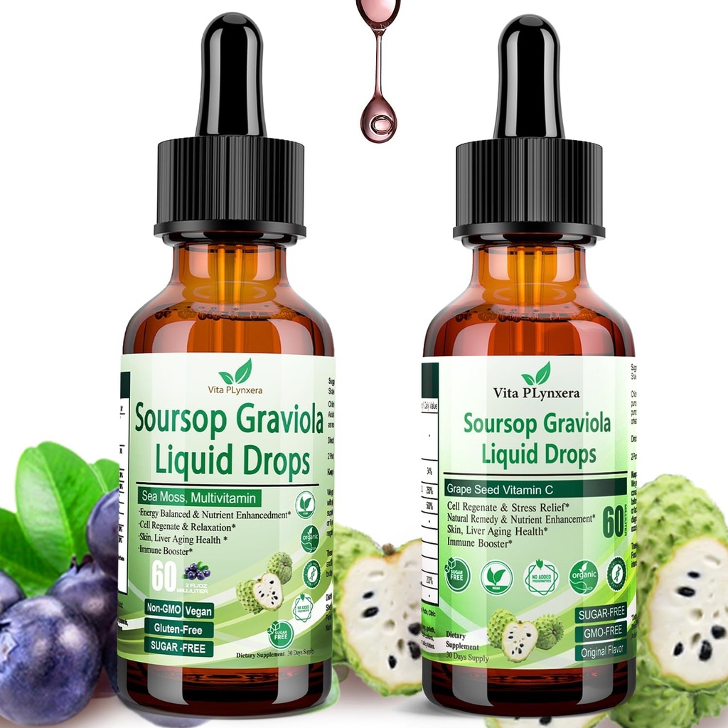 2 Pack Soursop Bitters Liquid Organic Soursop Extract Multivitamine Drops w. Sea Moss, Grape Seed, Vlierbessen, Ongeraffineerde Soursop Olie voor de huid, Immune Boost, Digestiehulp